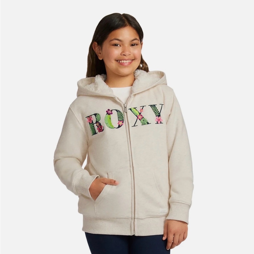Roxy Girl Kids Sherpa Lined Hoodie Sweatshirt Floral Cream L 14/16 Coastal Cozy